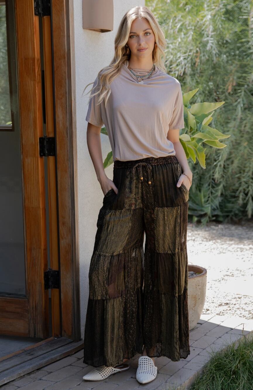 Young Threads Basil Brown Patchwork Flare Pants XL NWT - Dark Boho